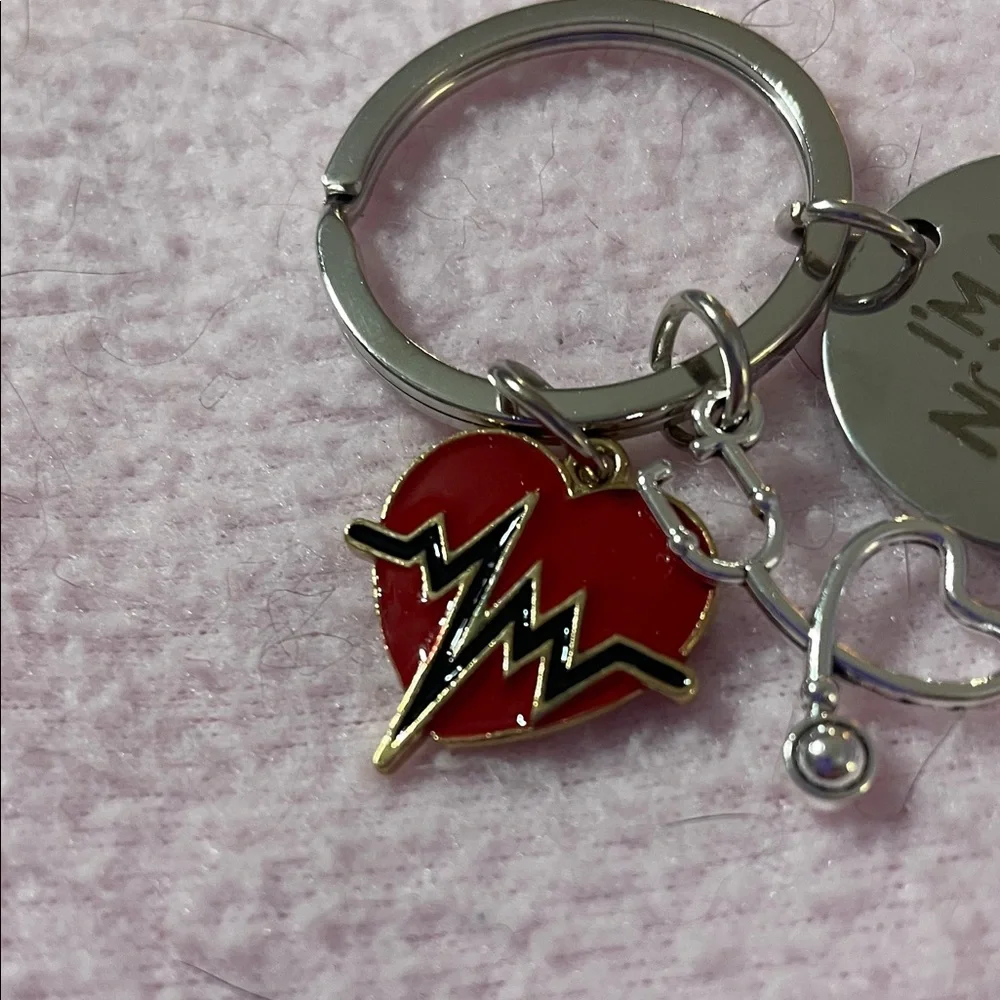 Keychain with Nurse Red Heart and Stethoscope Charms-silver tone